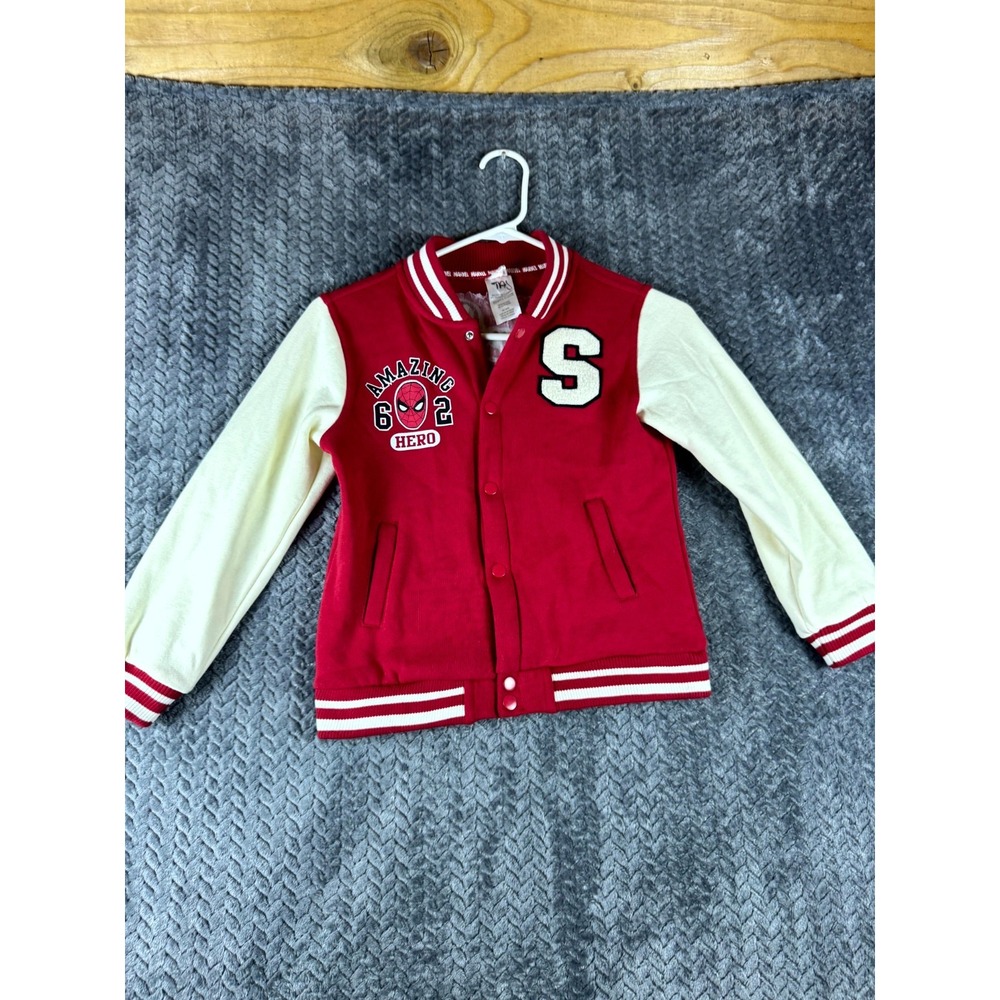 Marvel Spiderman Bomber Jacket Boys 5/6 Red White Hero #62 Graphic Varsity Coat